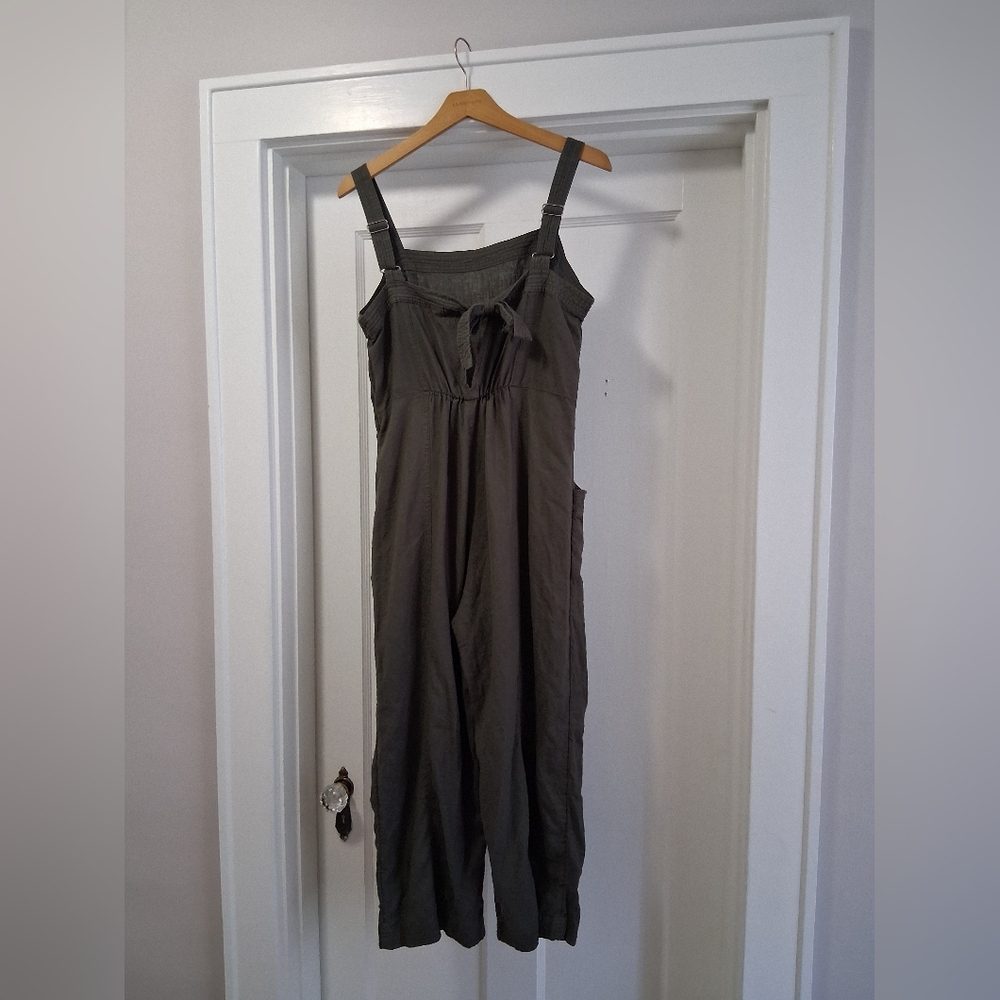 Nicole Miller Linen Jumpsuit Overalls Oversized Relaxed Crop Leg Olive Size 8 - Picture 2 of 8